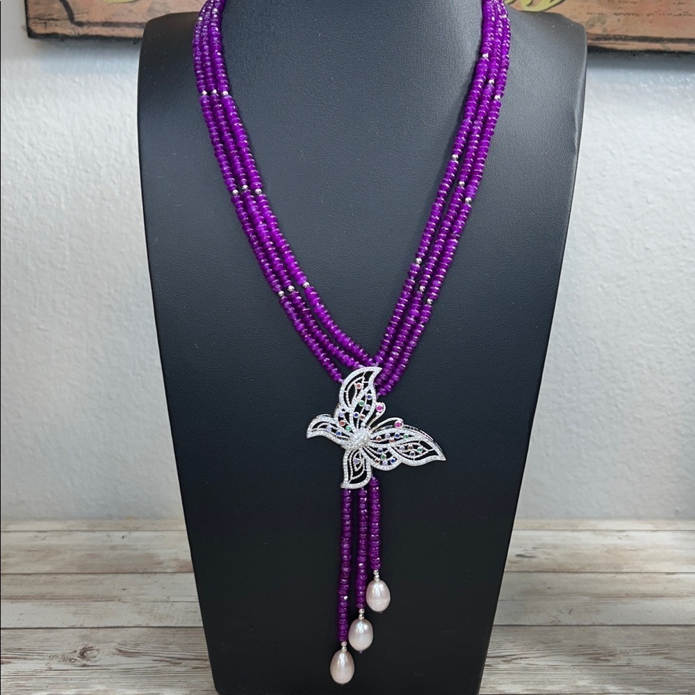 Elegant Purple Gemstone or Crystal Necklace with Silver Butterfly Pendant - Picture 6 of 7